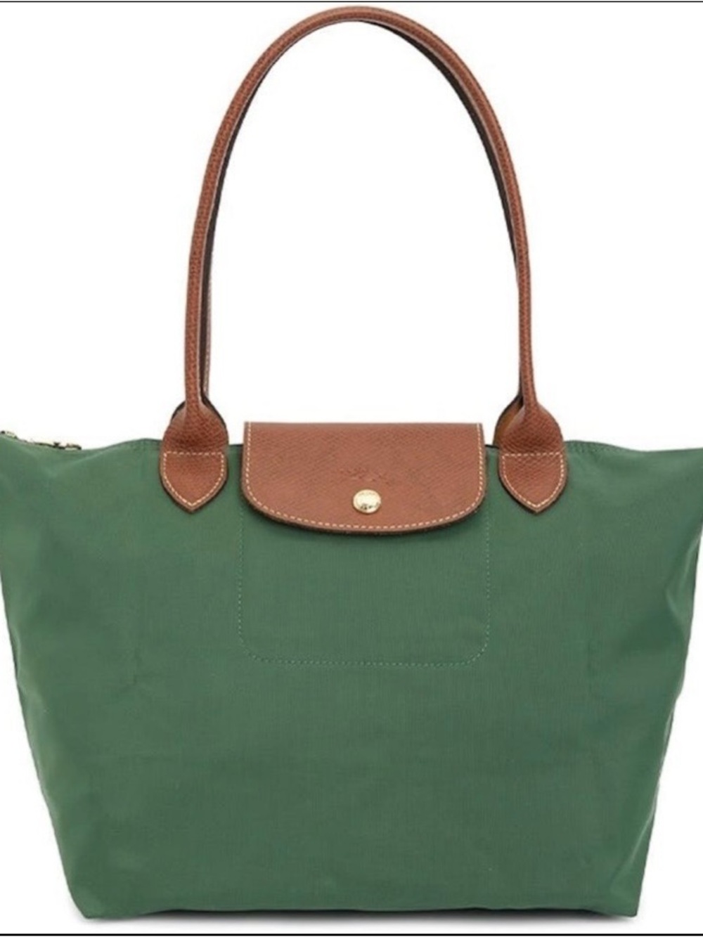 Longchamp Le Pilate Green Tote with Brown Leather Trim, Medium